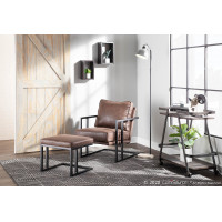 Lumisource C2-ROMAN BKE Roman Industrial Lounge Chair and Ottoman in Black Metal and Espresso Faux Leather